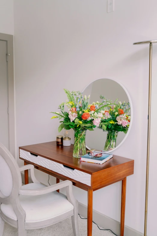 a desk that has some flowers in it