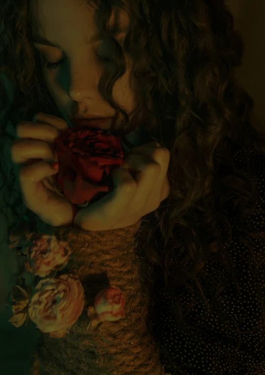 a young woman holding a rose in her hands