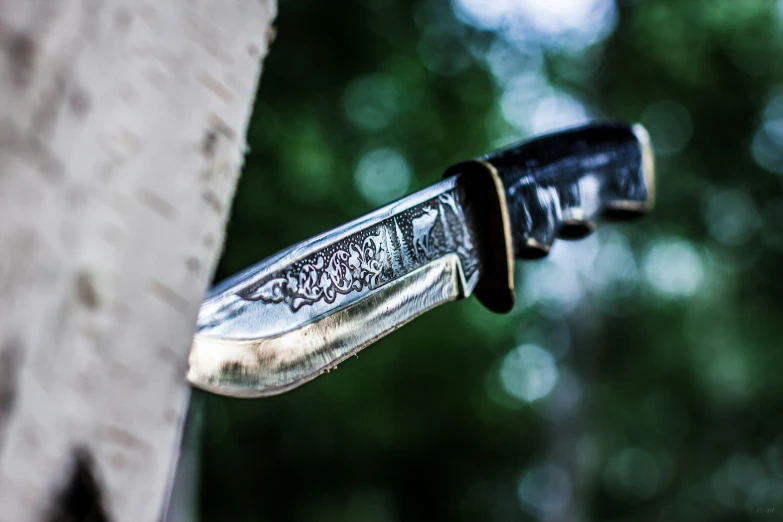 a steel knife with engraved metal handle standing up in front of tree