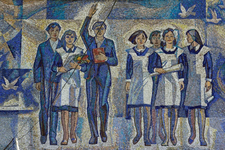 a mosaic painted with people standing and holding flowers