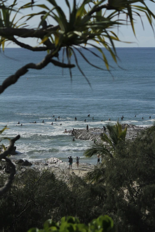 a view of the ocean as people surf in the water