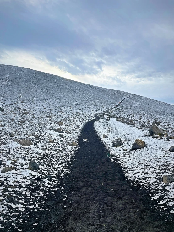 an open road cuts through the snowy field