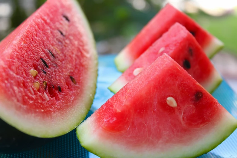 four pieces of watermelon on a plate