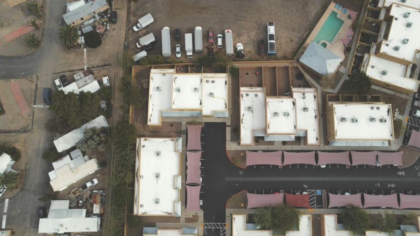 an aerial view of several buildings near one another