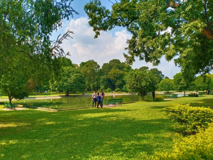 a couple of people sitting on top of a lush green field