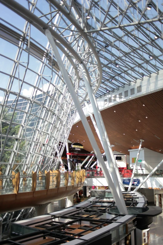 the inside of a building has many beams and lines in it