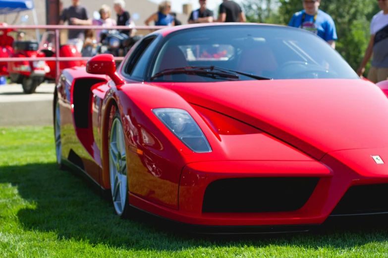 the front view of a red ferrari parked on grass