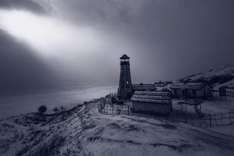 a lighthouse surrounded by snow covered hills on an overcast day