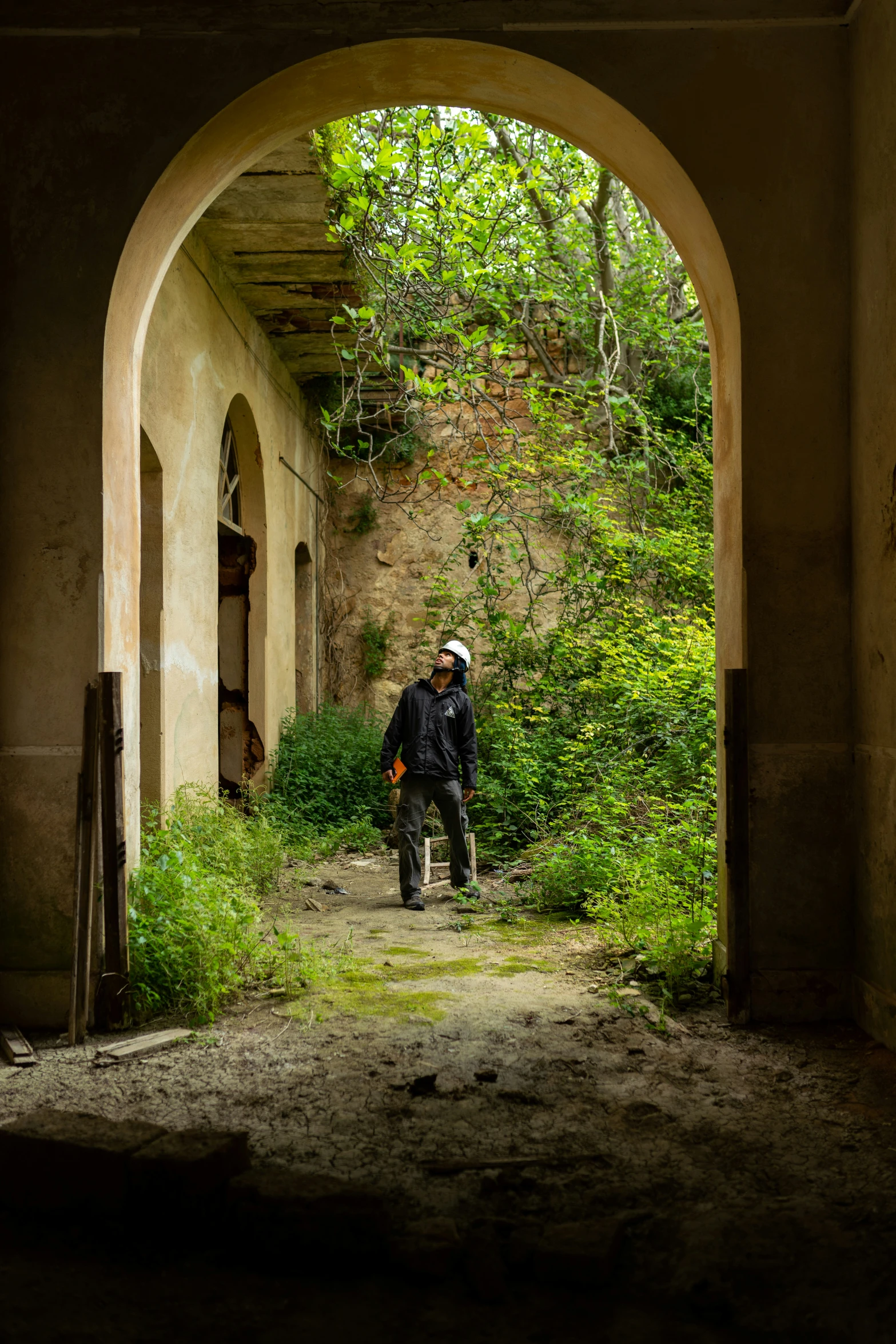 a man walking down an arched walkway through the woods