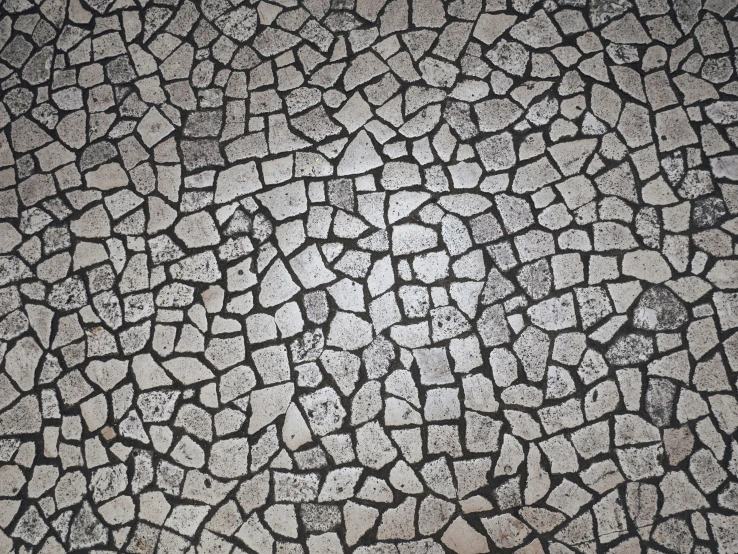 the image shows a cobblestone pavement, the ground pattern is gray and white