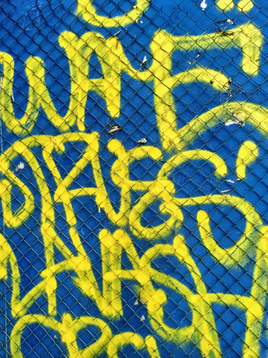 a close up of graffiti with words written in yellow on blue