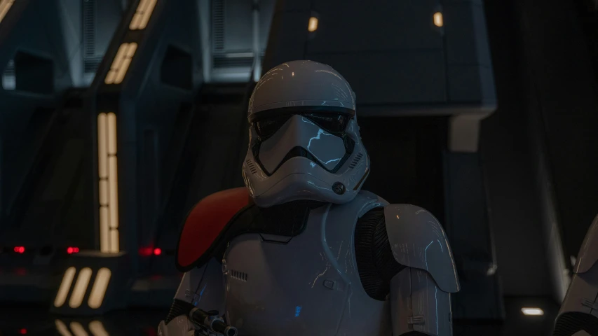 a stormtrooper in front of lights on a dark background