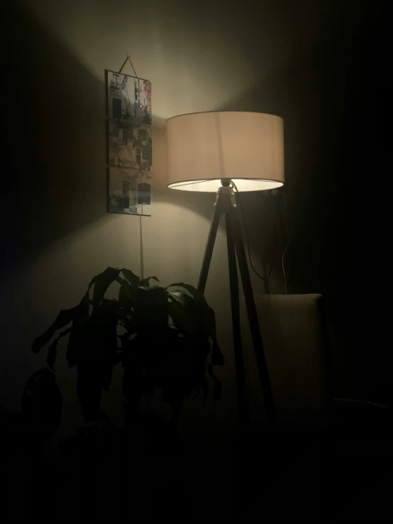 a lamp sits on a dark night stand near a poster