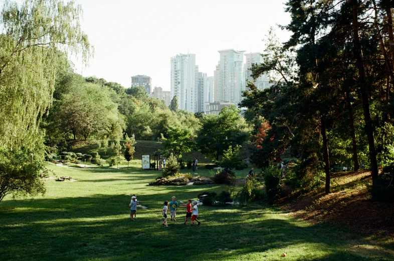 a group of people are walking in the grass in a park