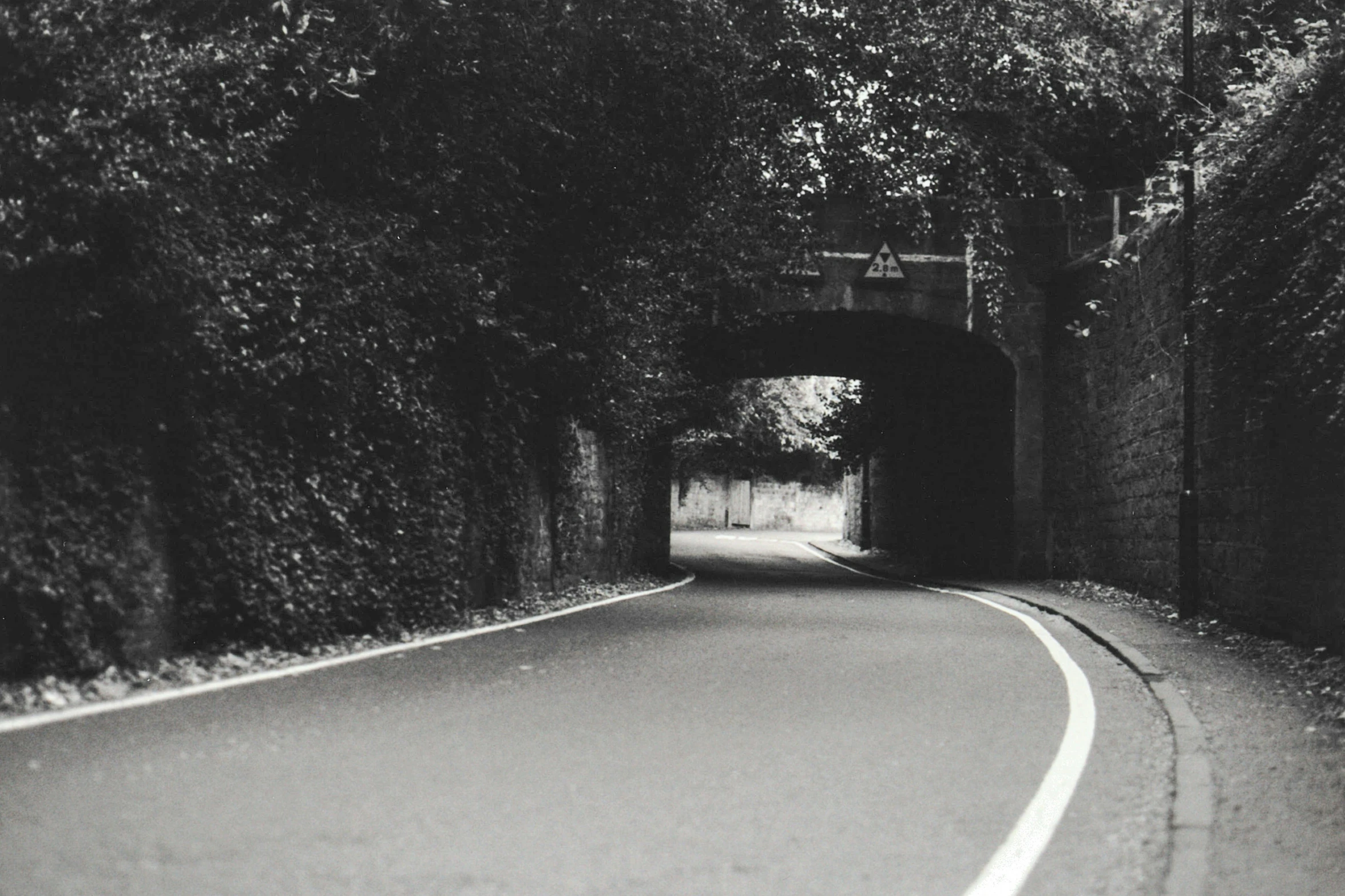 a black and white picture of an old tunnel on a rural road