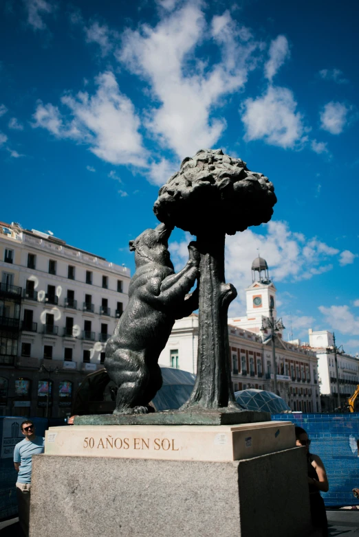 people are looking at statues with buildings in the background