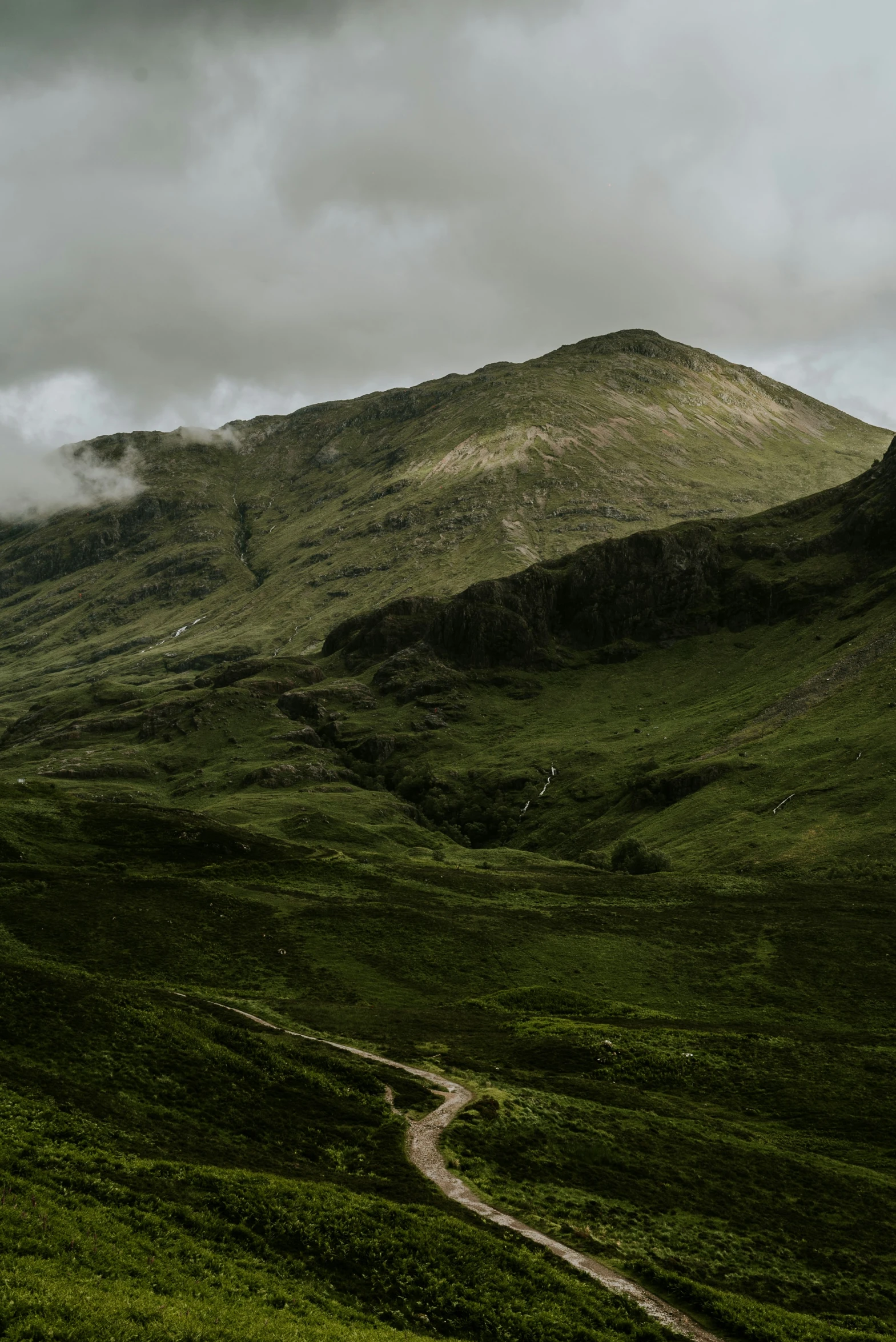 a very lush green hill with a road going through it