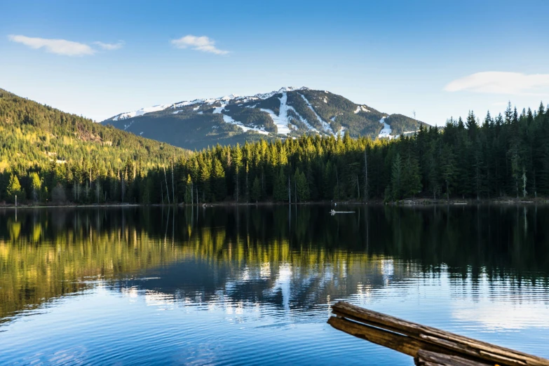 a peaceful forest area that shows a lake in front of trees and snow covered mountain