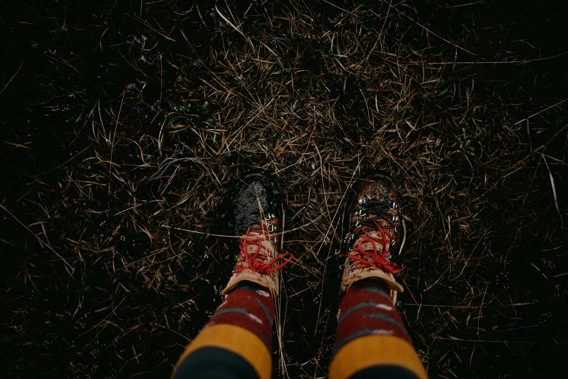 the feet and legs of a person standing on some dry grass