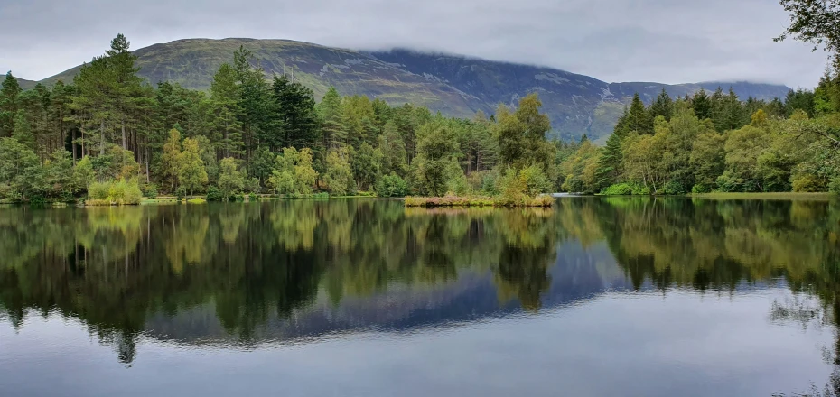 a view of a lake with trees and mountains