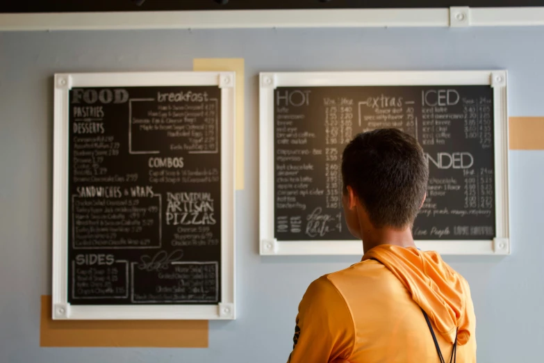 a man wearing an orange vest and glasses near two blackboards with menus