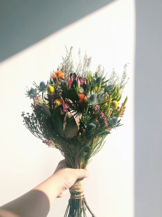 person holding a bunch of different colored flowers