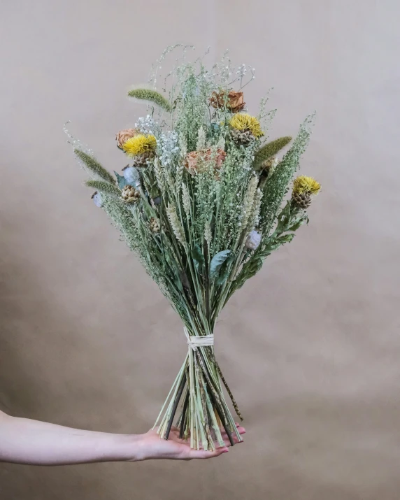 a hand holding a bouquet of flowers over a white wall