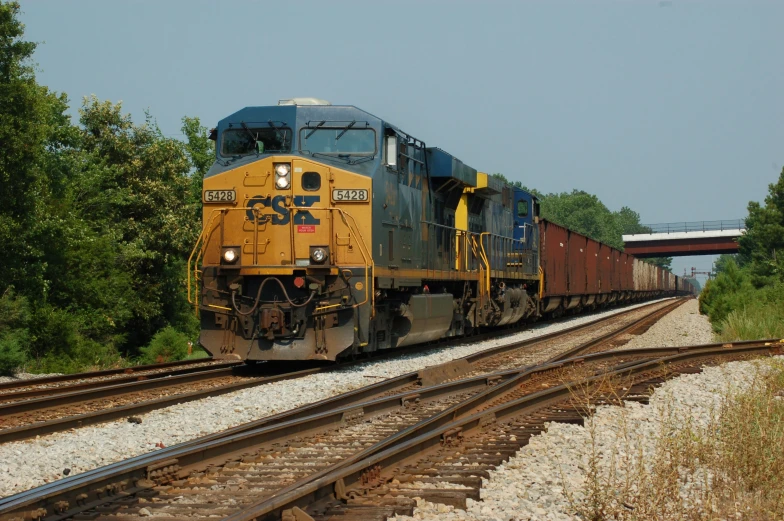 a long yellow and blue train traveling along tracks