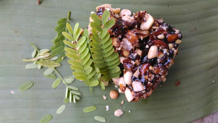 a piece of pie next to a green plant