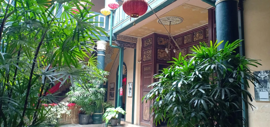 front entrance of building decorated with tropical plants