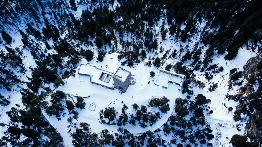 a house surrounded by snow in the middle of pine trees