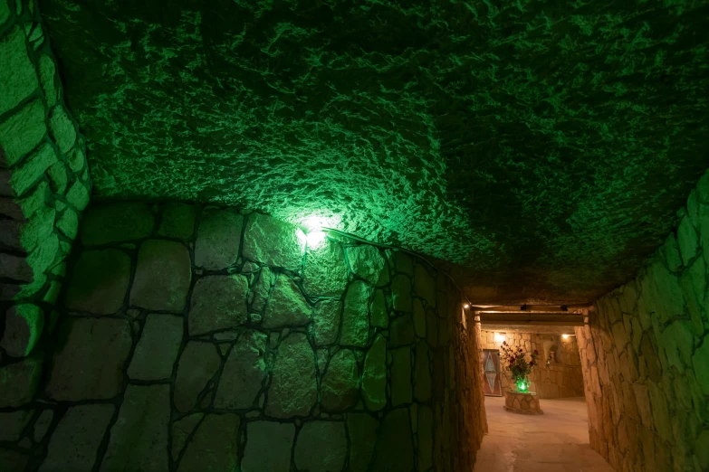 an empty tunnel with green glow from its lights