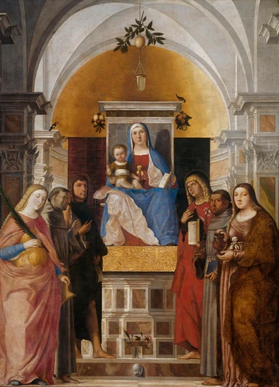 a painting of an old religious scene with many people