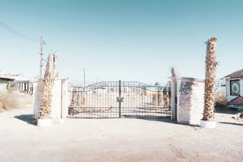 a gate with two palm trees on the sides and a blue sky background