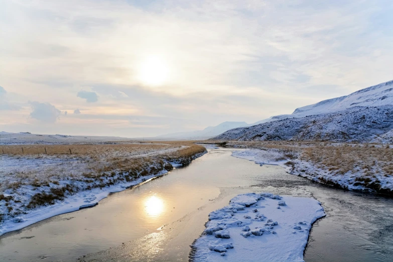 snow covered mountains and a river in the middle of nowhere