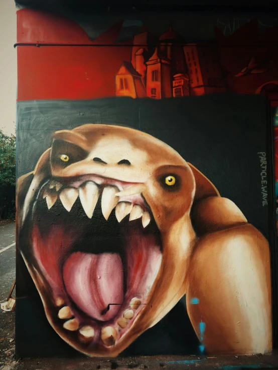 the painting depicts the face and mouth of a dog with it's teeth open