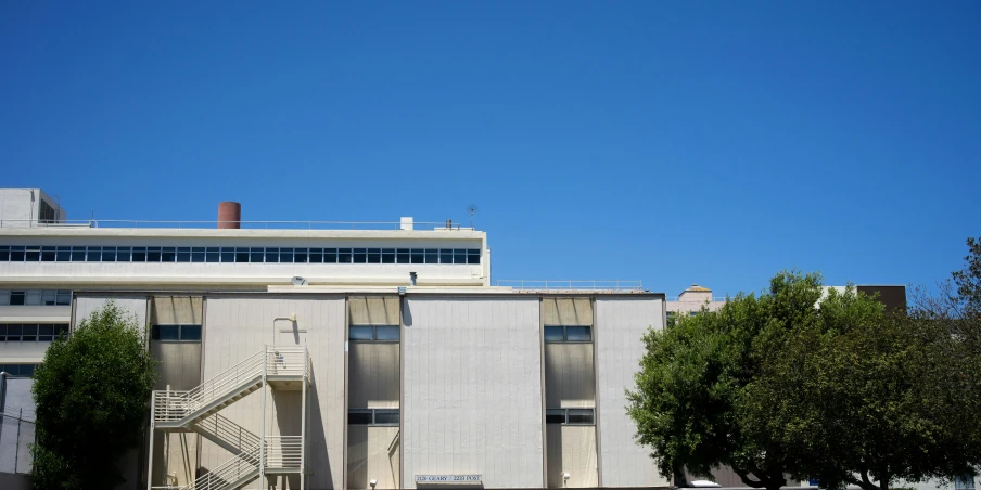 the view of a building with stairs outside