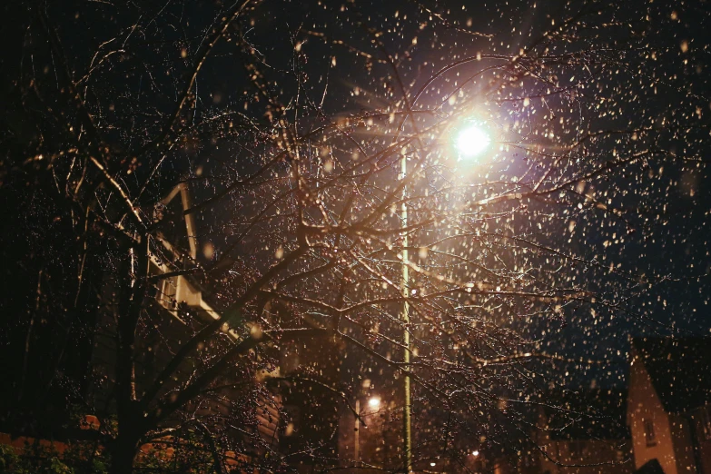 some rain is falling from a street lamp in the night