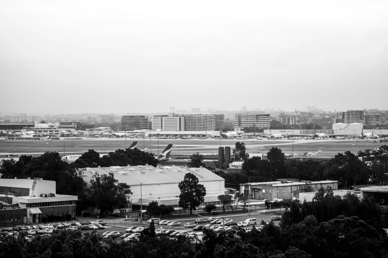 the city skyline is dotted with cars and buildings