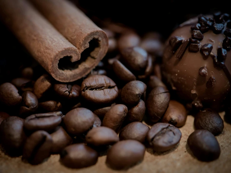 closeup s of roasted coffee with cinnamon and chocolate