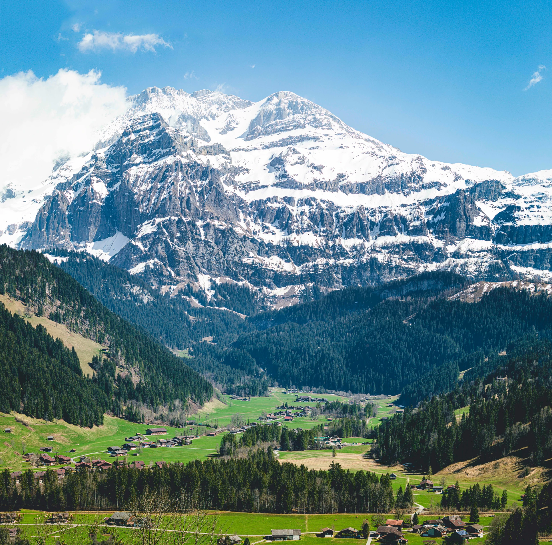 some mountains with green fields and trees