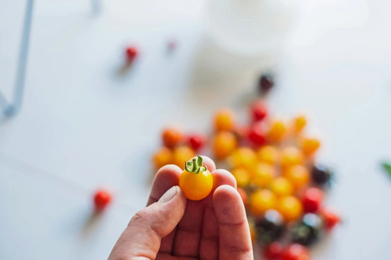 a hand holding a fruit in front of some fruit