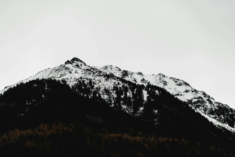 the top of a snowy mountain with trees below