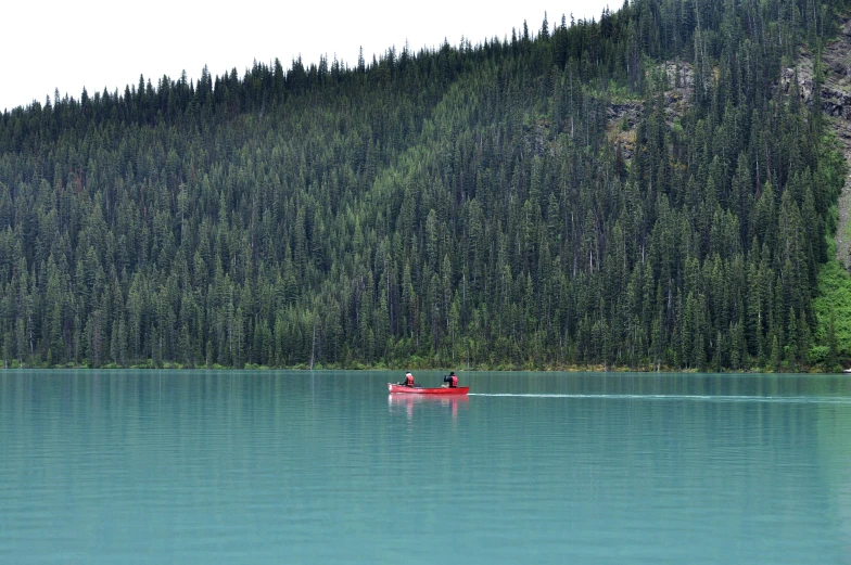 people in red boat on lake surrounded by evergreen forest