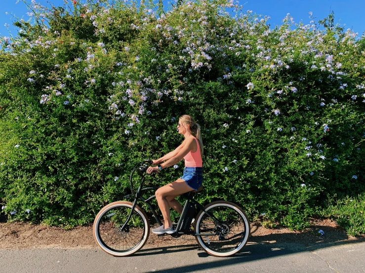 woman rides her bicycle on a path with flowers