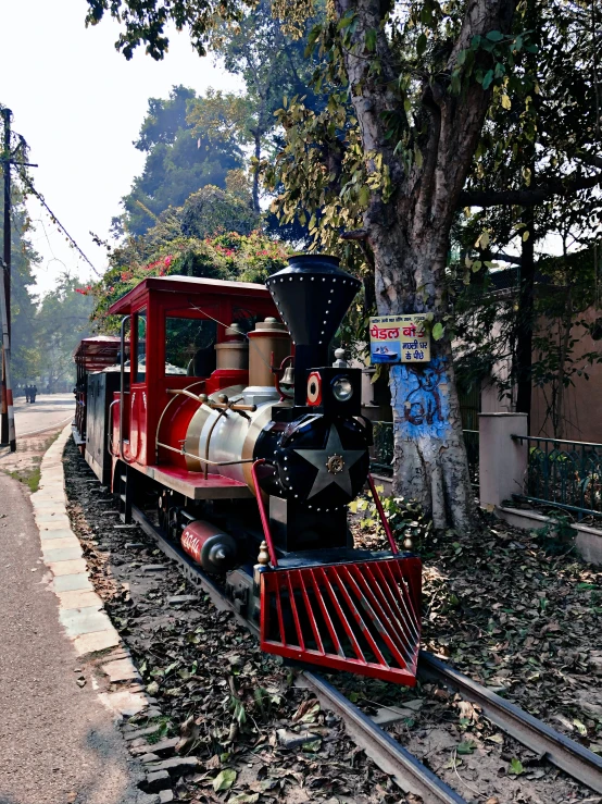 a model train on tracks next to a tree