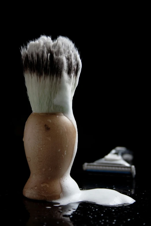 a shaving brush is placed next to an electric razor