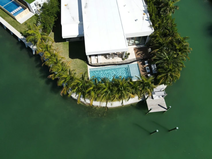 an aerial view of the house on a tree lined island