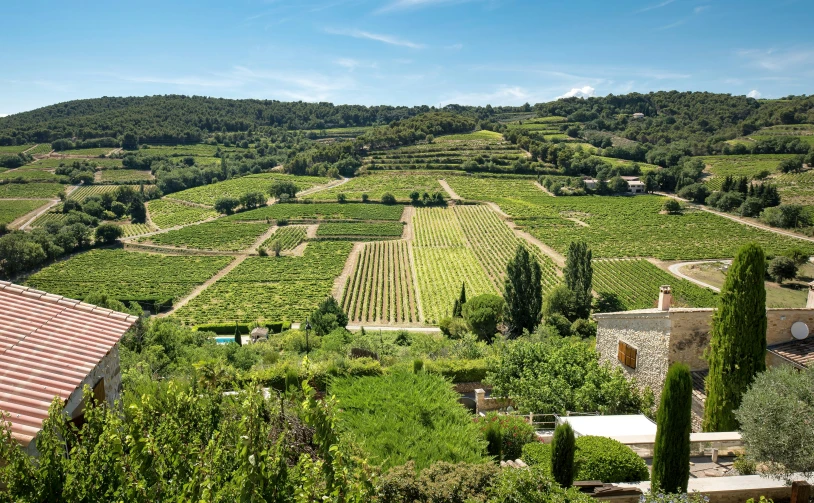 a view of a farm field and buildings