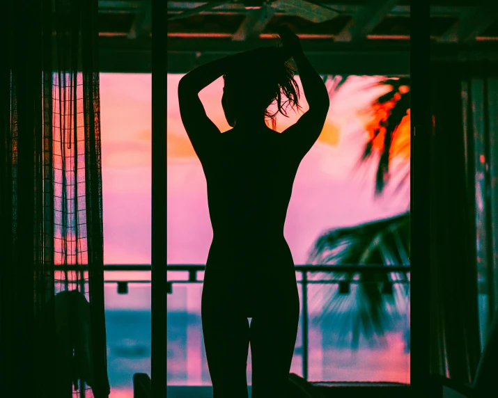 a woman stands on a porch in front of a view of the ocean at dusk